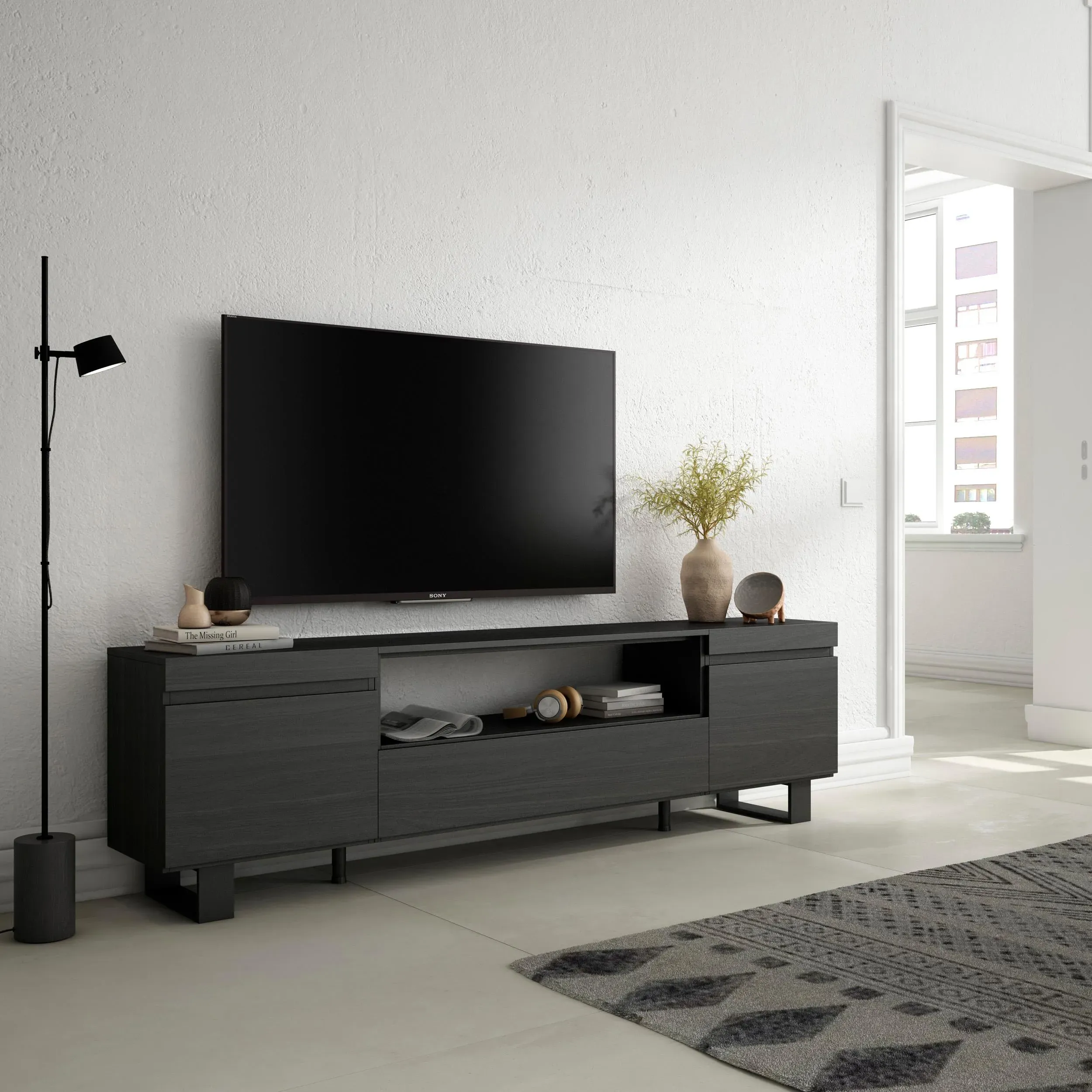 Illustration numéro 2 du produit Meuble tv effet bois noir 200x35x57cm avec pieds