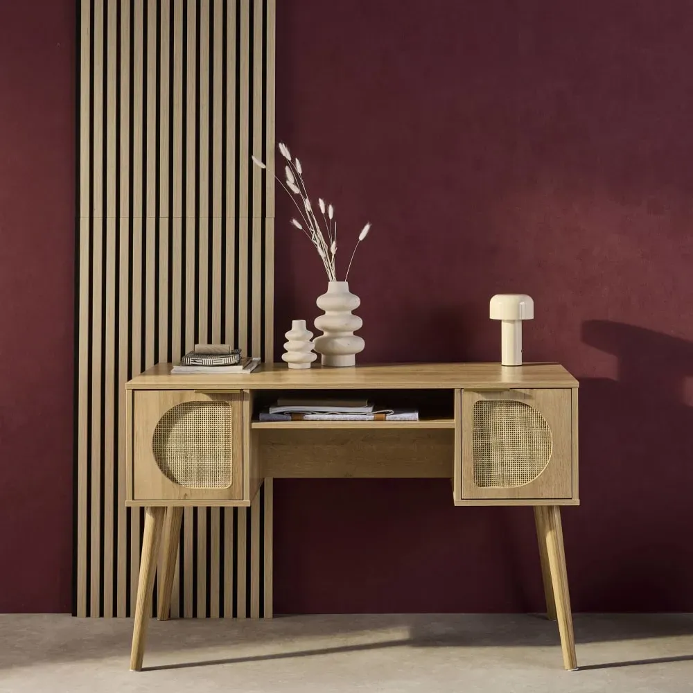 Illustration numéro 2 du produit Bureau effet bois et cannage 2 portes naturel