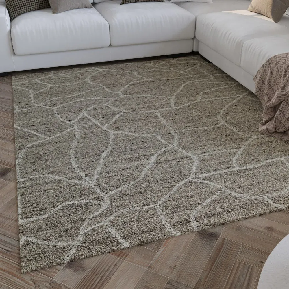 Illustration numéro 2 du produit Tapis beige et taupe futé main motif pierre 70x140