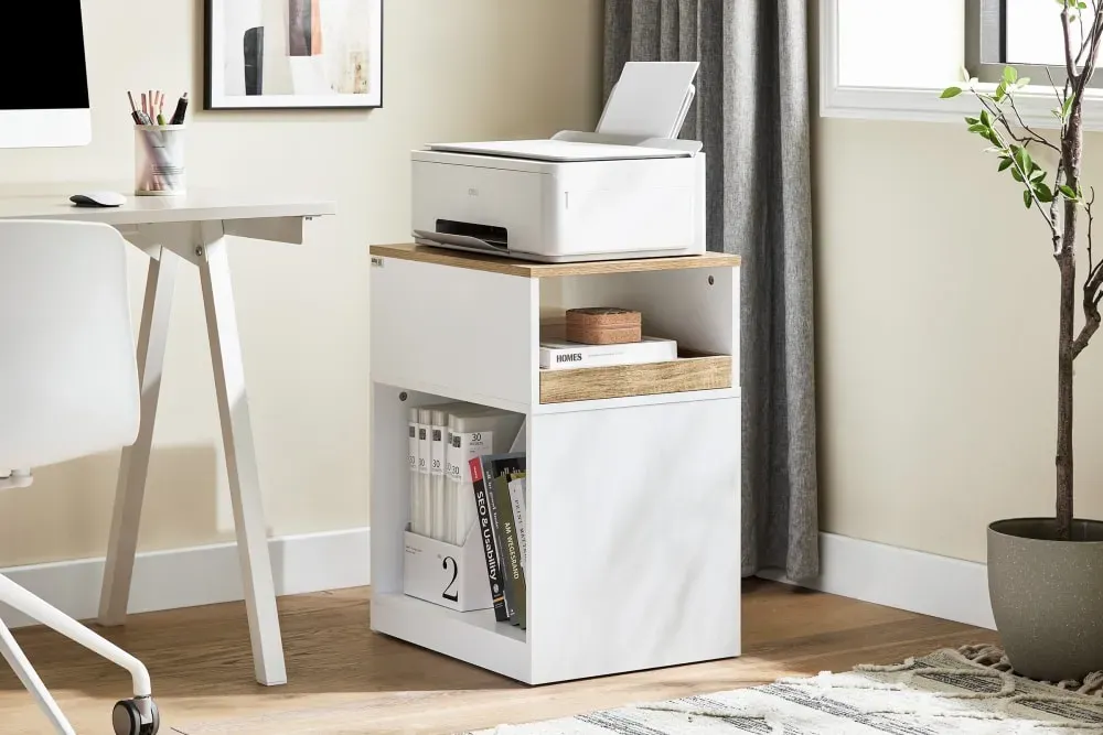 Illustration numéro 2 du produit Caisson de bureau 1 tiroir et 2 compartiments ouverts effet bois blanc