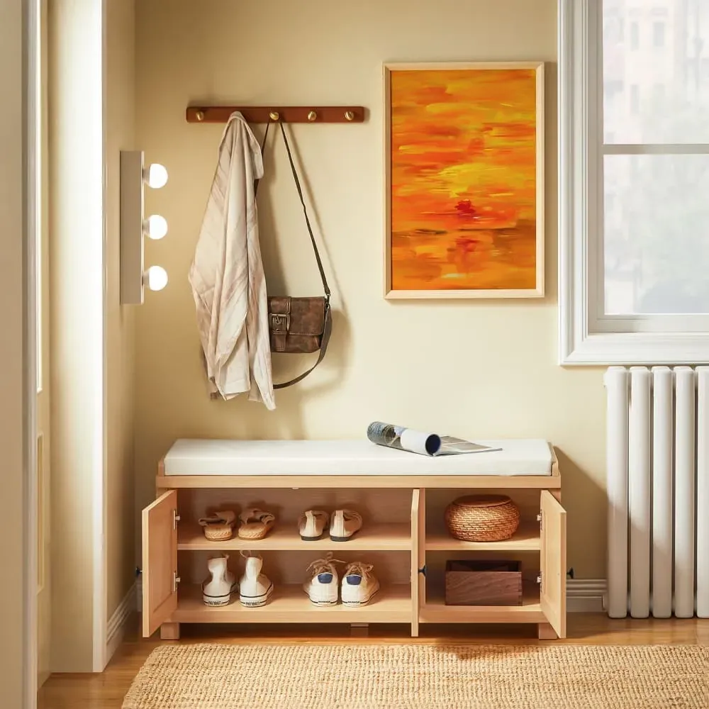 Illustration numéro 2 du produit Banc à chaussures avec 3 portes et 4 compartiments effet bois