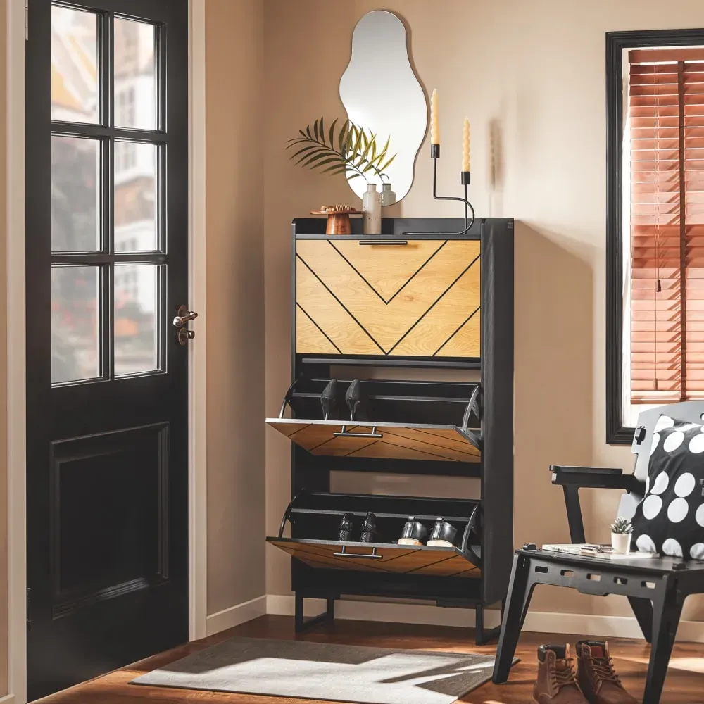 Illustration numéro 2 du produit Armoire à chaussures 3 abattants sur pied effet bois noir