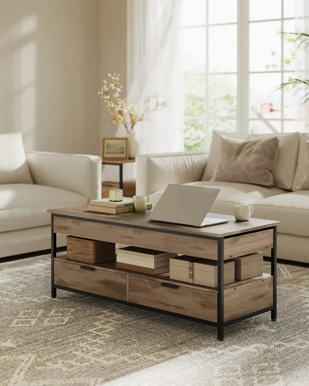 Illustration numéro 2 du produit Table basse avec plateau relevable 120 x 50cm marron camel et noir