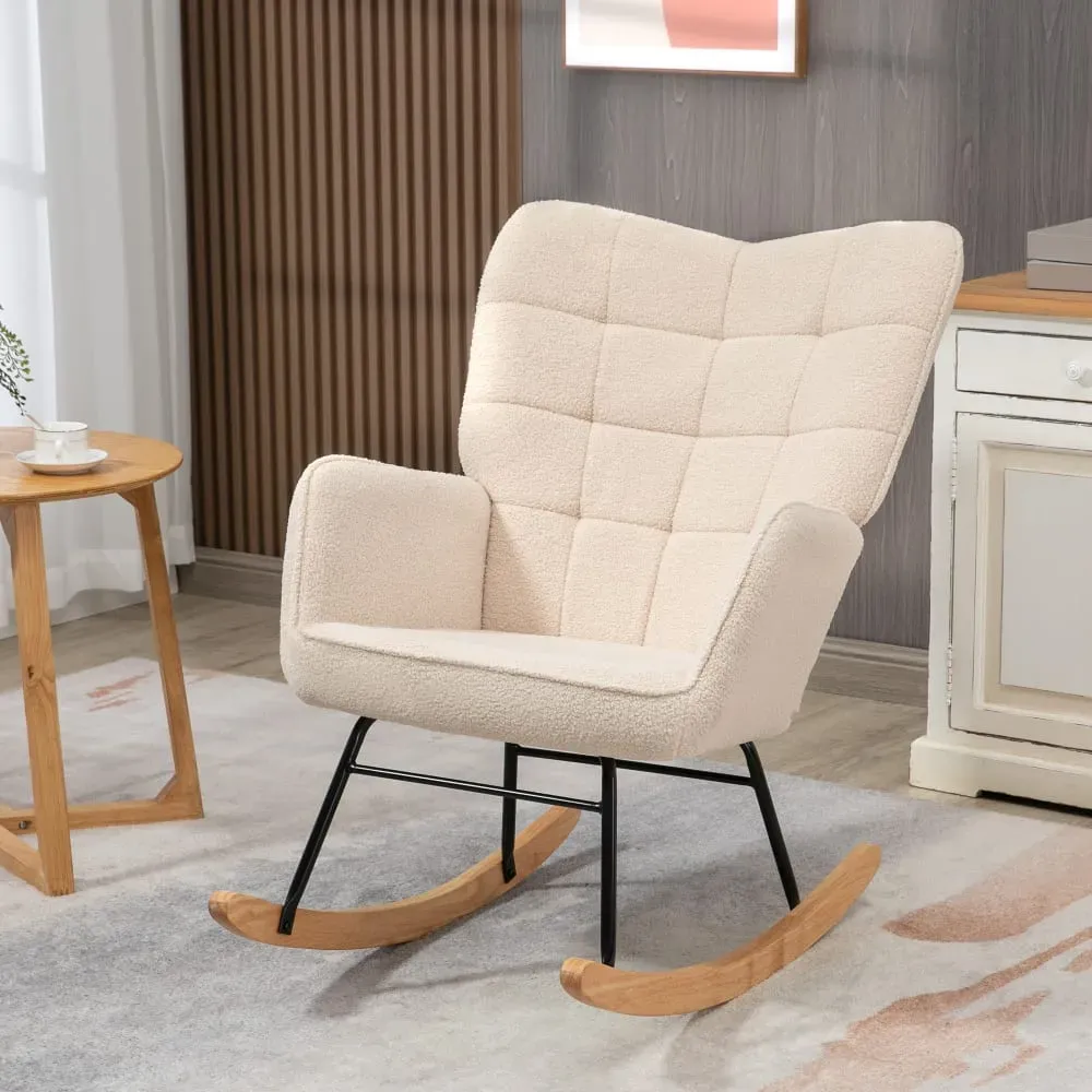 Illustration numéro 2 du produit Fauteuil à bascule revêtement bouclette acier et bois massif beige
