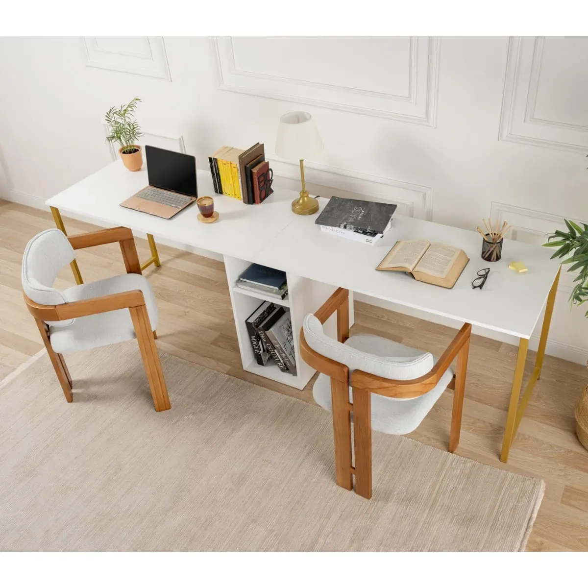 Illustration numéro 2 du produit Bureau double L240 cm - Blanc et or