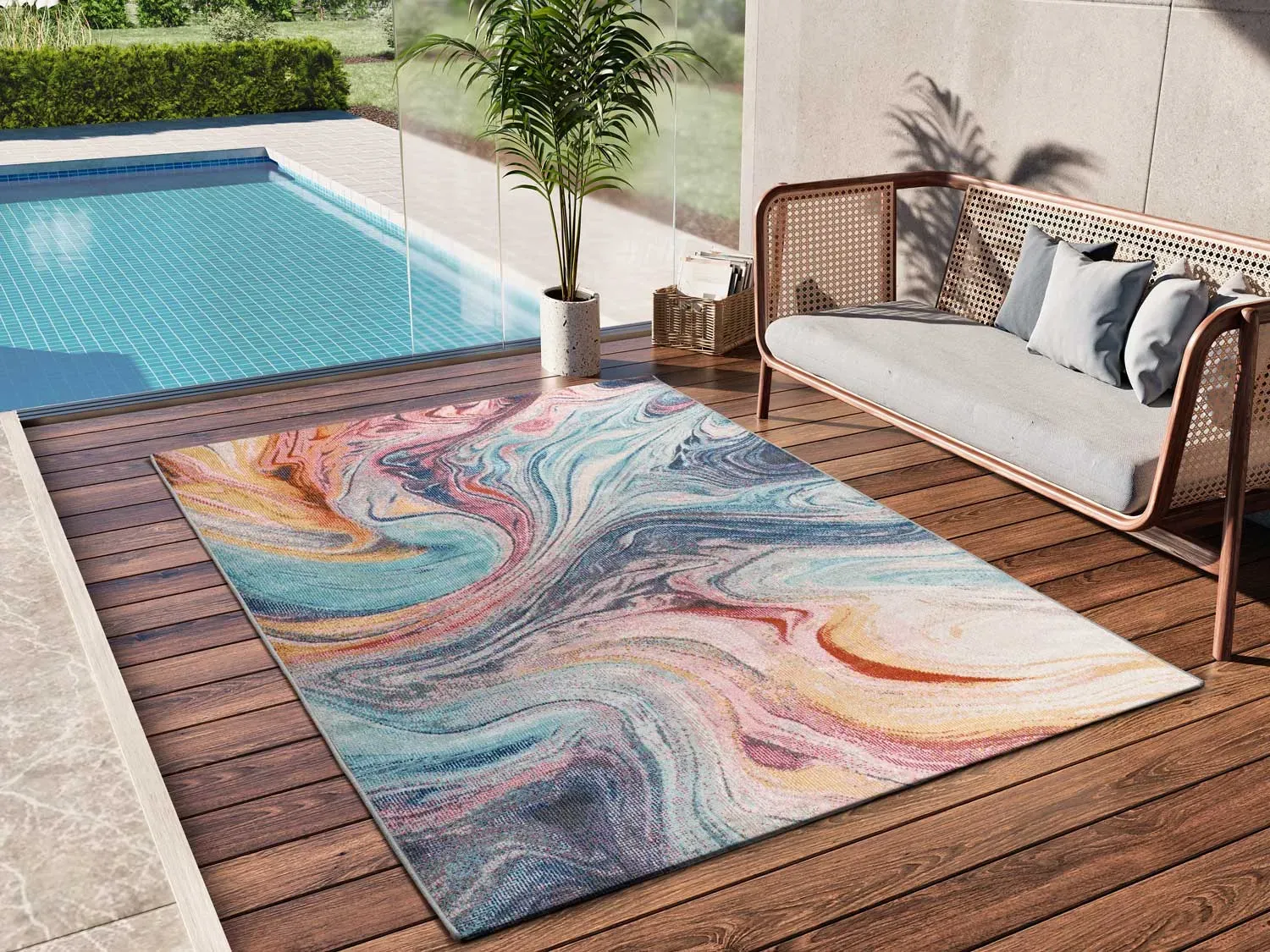 Illustration numéro 2 du produit Tapis d'extérieur abstrait bleu/rose/rouille 160x230 cm