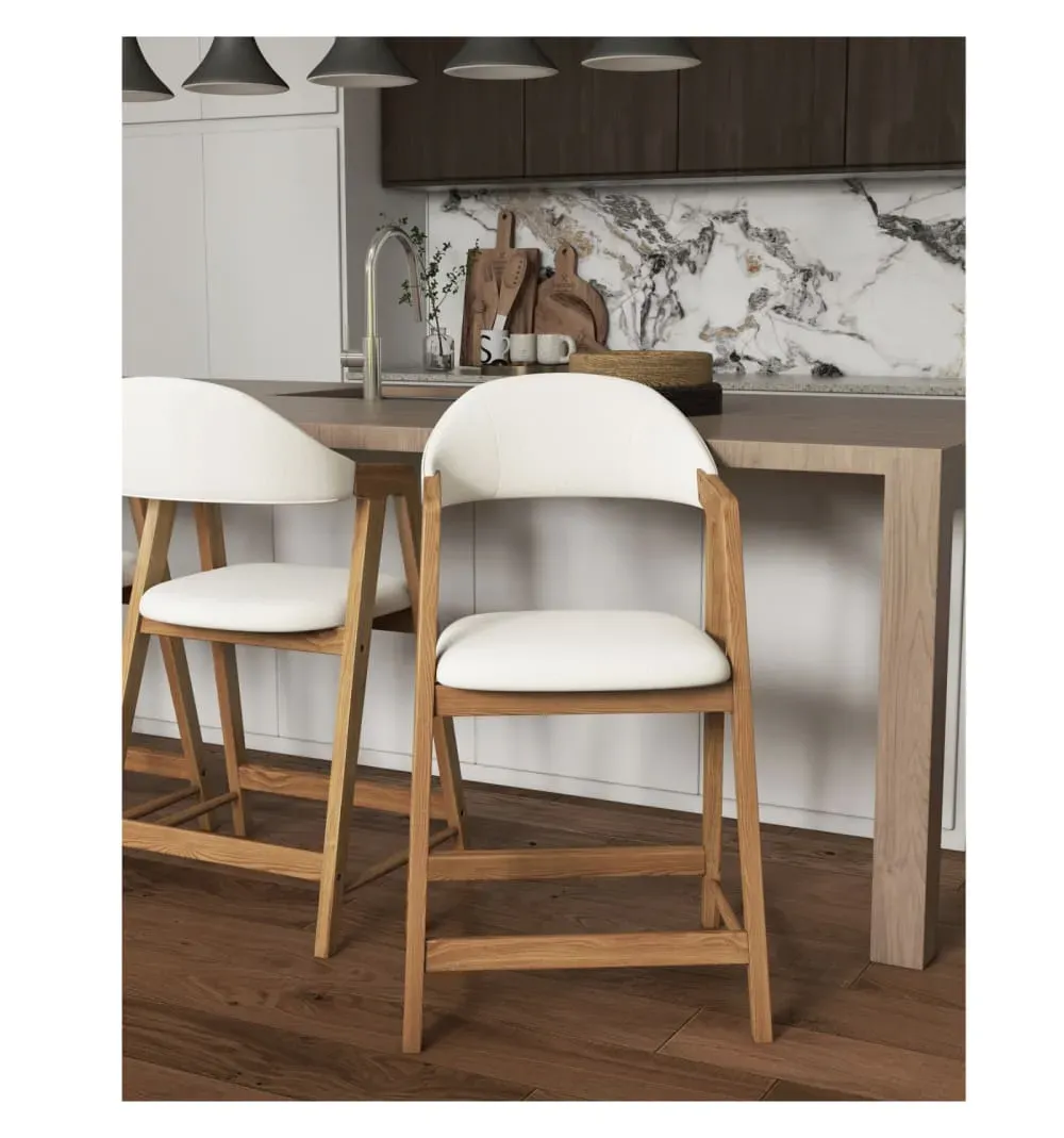 Illustration numéro 2 du produit Chaise de bar en tissu Curly Ecru et Frêne naturel (x2)