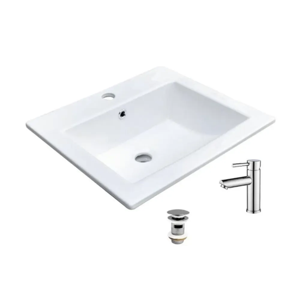 Illustration numéro 2 du produit Vasque à encastrer rectangulaire  50x43cm + robinet + bonde