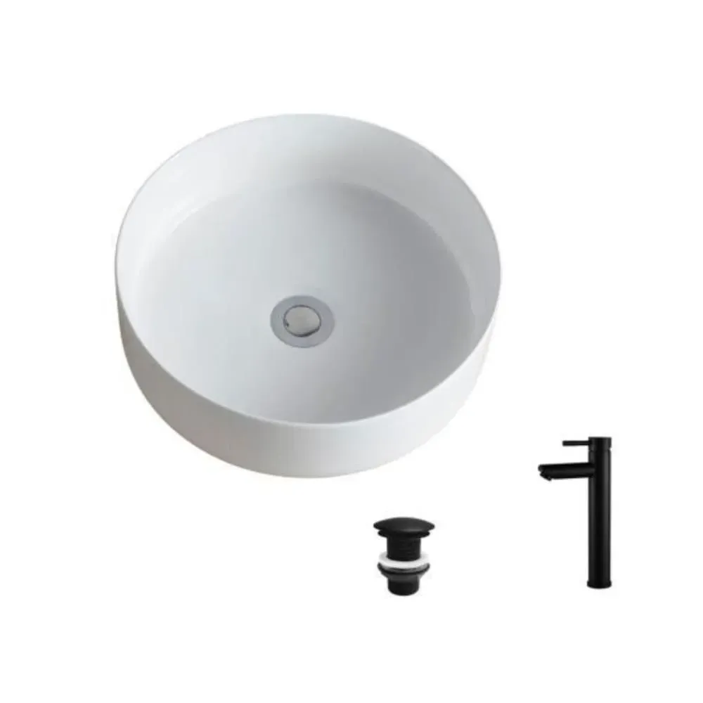 Illustration numéro 2 du produit Vasque à poser ronde 36x36cm  + robinet + bonde
