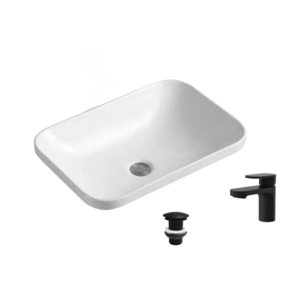 Illustration numéro 2 du produit Vasque à encastrer rectangulaire 53x37cm  + robinet + bonde