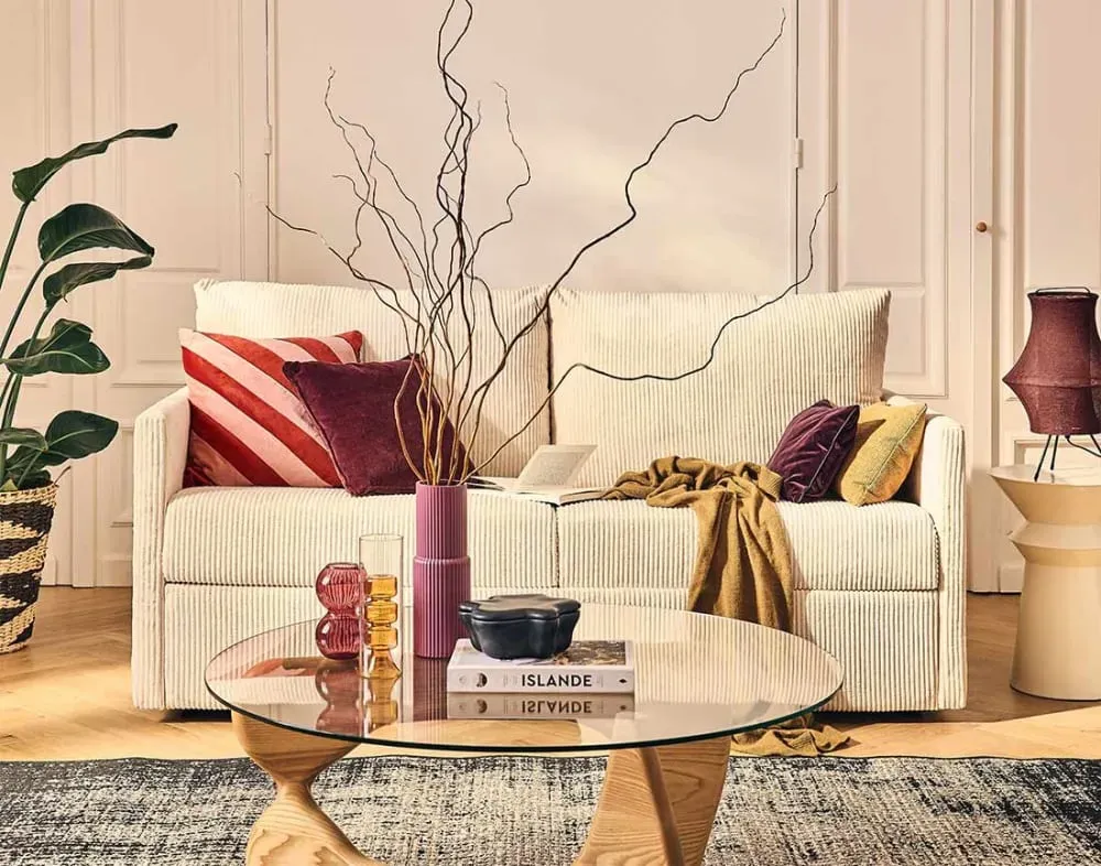 Illustration numéro 2 du produit Canapé droit convertible 3 places en velours côtelé beige