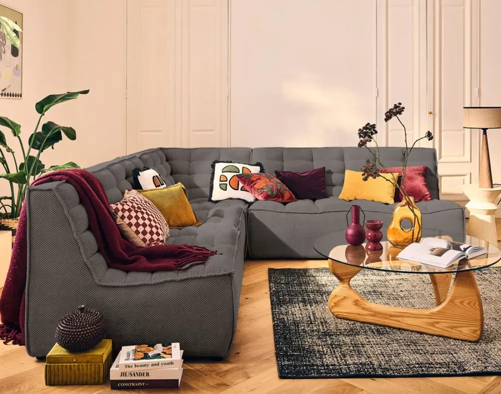 Illustration numéro 2 du produit Canapé modulable 5 places angle réversible en velours texturé gris