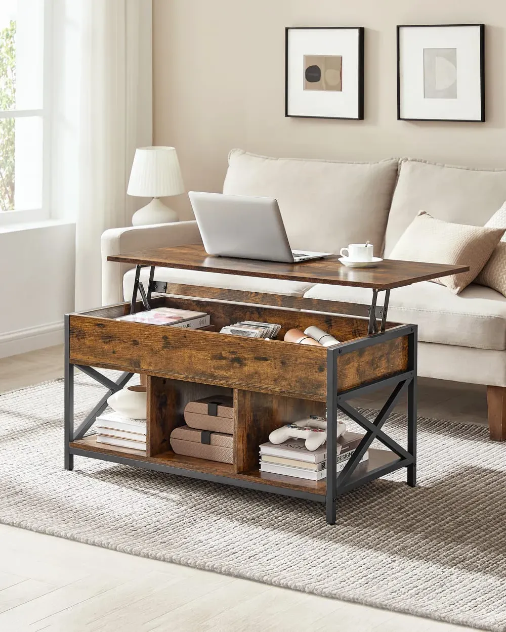 Illustration numéro 2 du produit Table basse relevable cadre en acier marron rustique et noir