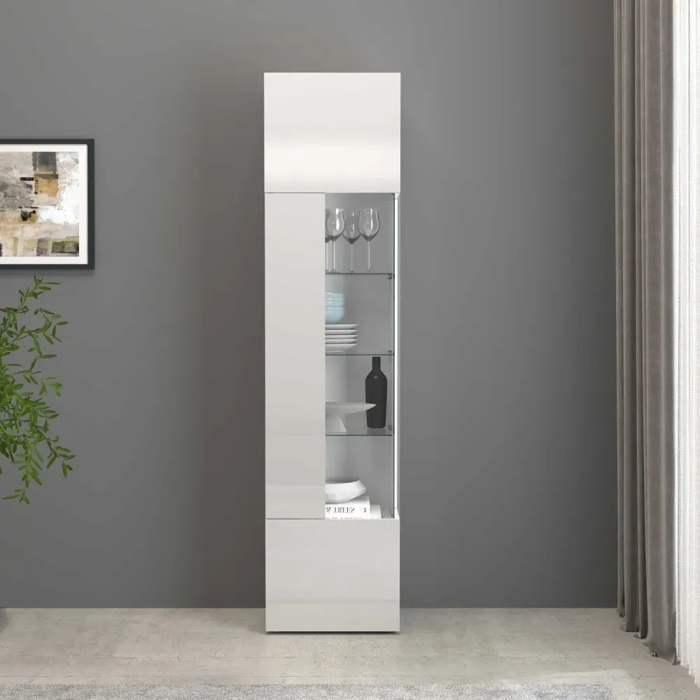 Illustration numéro 2 du produit Vitrine 1 porte 5 étagères 45 cm effet bois blanc brillant