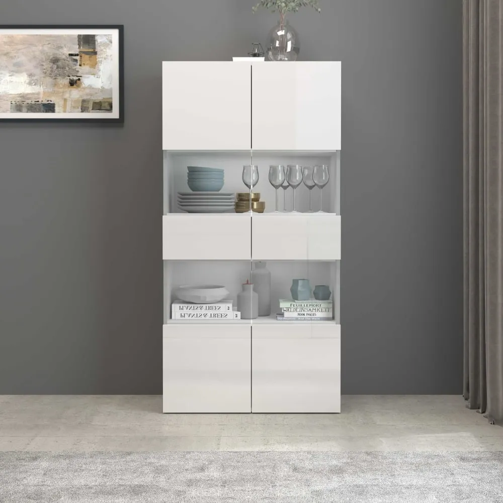 Illustration numéro 2 du produit Vitrine 2 portes 4 étagères 80 cm effet bois blanc brillant