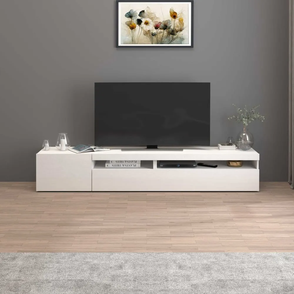 Illustration numéro 2 du produit Meuble tv 2 portes 2 compartiments 200 cm effet bois blanc brillant