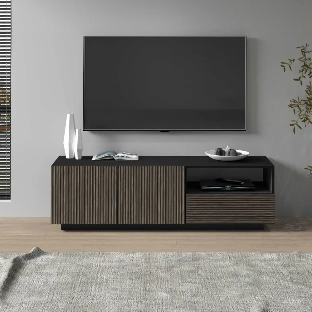 Illustration numéro 2 du produit Meuble tv 2 portes 150 cm effet bois cannelé anthracite et bois foncé