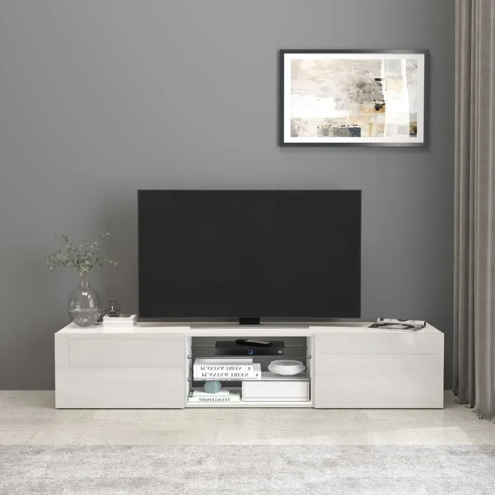 Illustration numéro 2 du produit Meuble tv 2 portes 2 etagères 180 cm effet bois blanc brillant