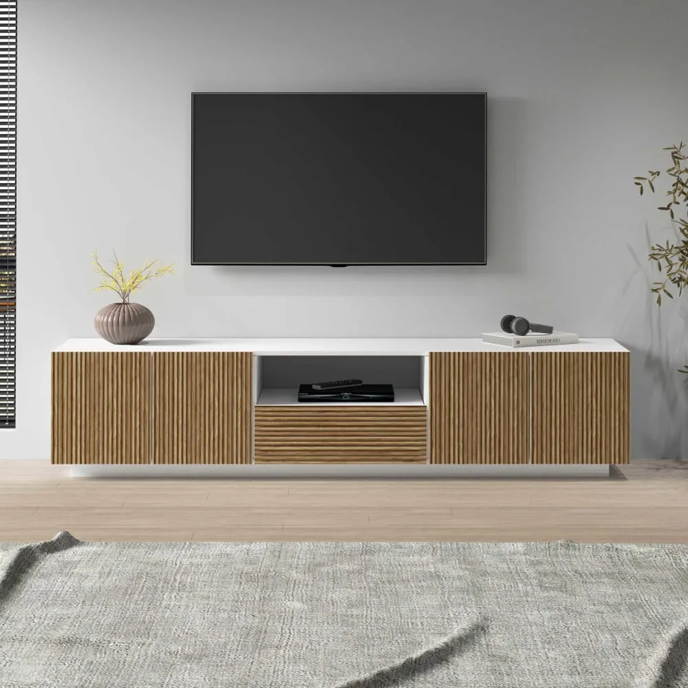 Illustration numéro 2 du produit Meuble tv 4 portes 220,1 cm effet bois cannelé blanc/bois clair