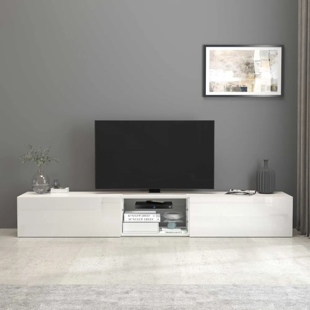 Illustration numéro 2 du produit Meuble tv 2 portes 2 etagères 240 cm effet bois blanc brillant