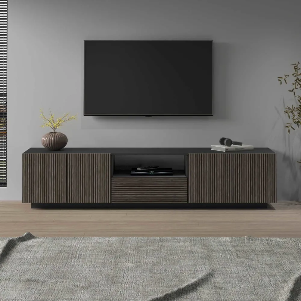 Illustration numéro 2 du produit Meuble tv 4 portes 220,1 cm effet bois cannelé anthracite/bois foncé