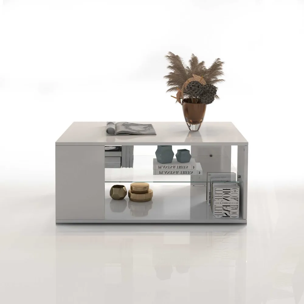 Illustration numéro 2 du produit Table basse avec plateau en verre 90 cm effet bois blanc brillant