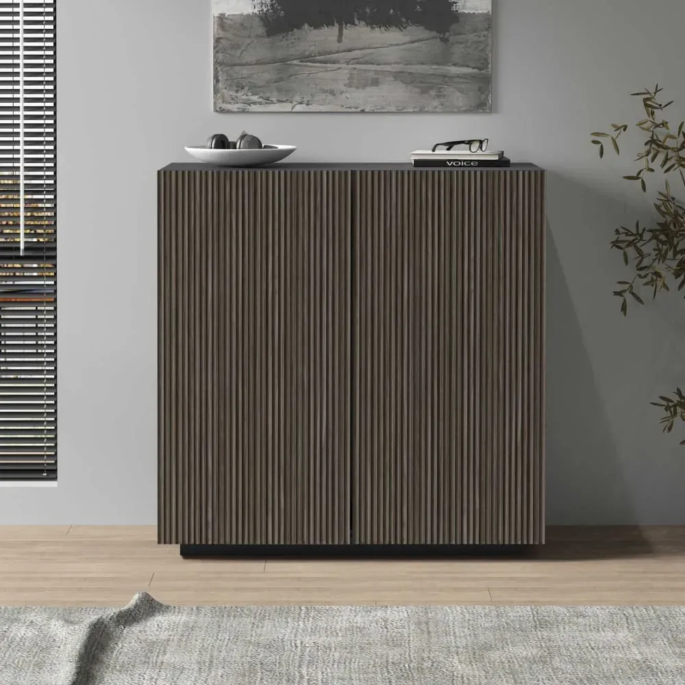 Illustration numéro 2 du produit Buffet 2 portes 120 cm effet bois cannelé anthracite mat et bois foncé