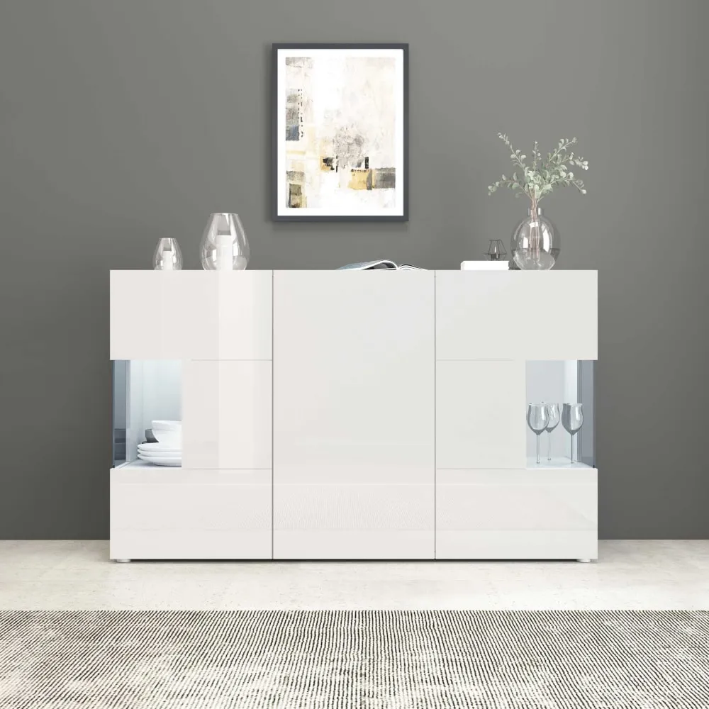 Illustration numéro 2 du produit Buffet vitrine 3 portes 135 cm effet bois blanc brillant