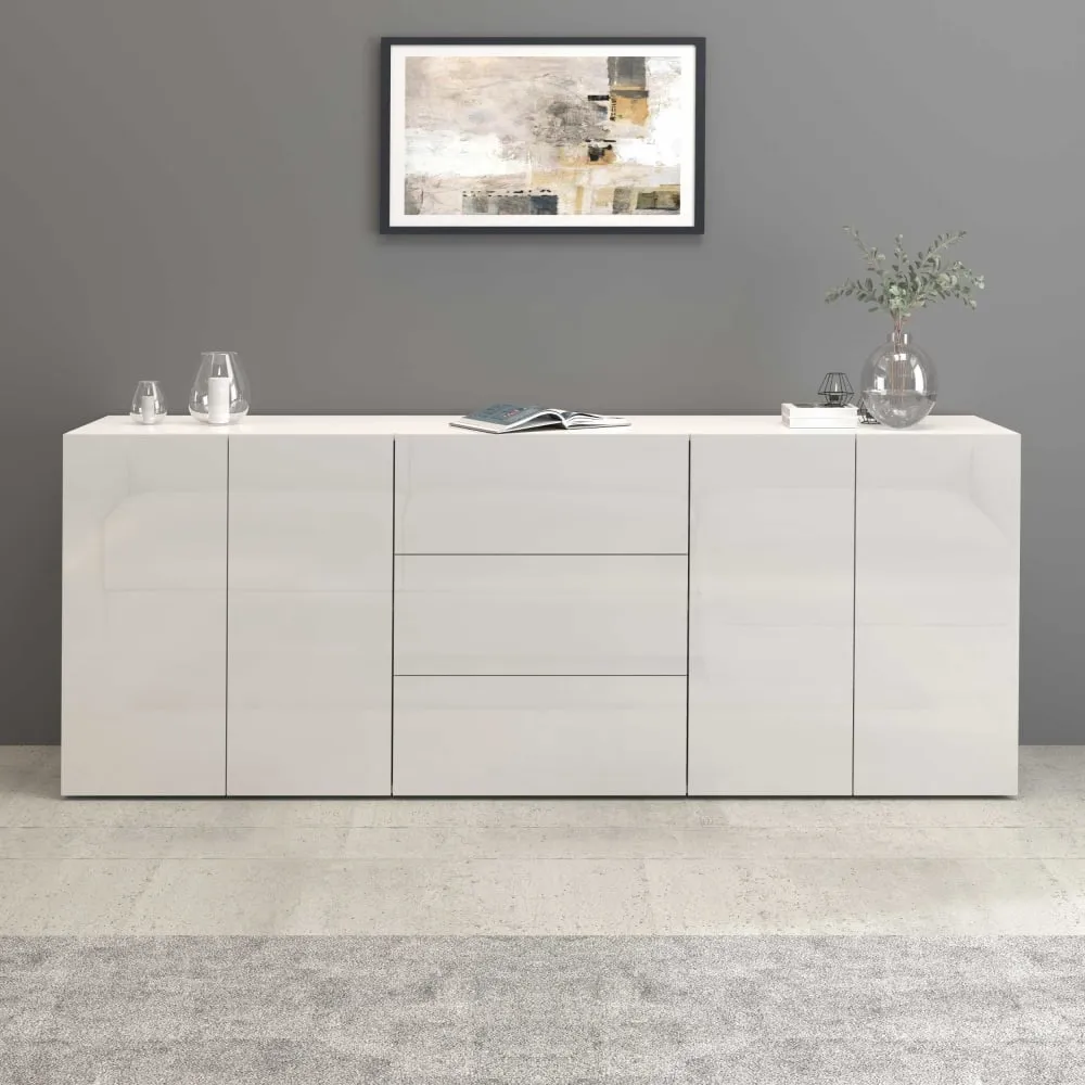 Illustration numéro 2 du produit Buffet 4 portes et 3 tiroirs 200 cm effet bois blanc brillant