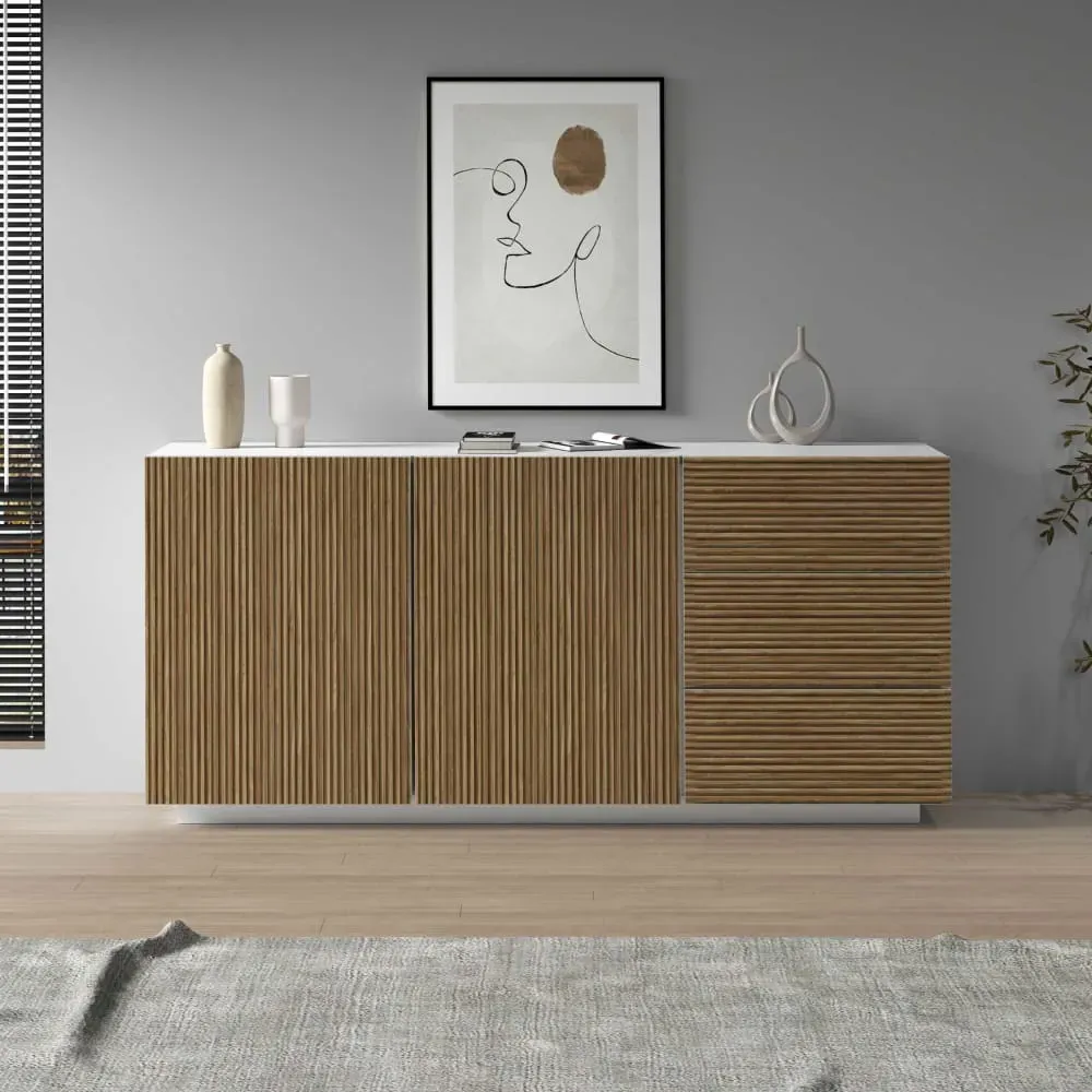 Illustration numéro 2 du produit Buffet 2 portes 180 cm effet bois cannelé blanc mat et bois clair