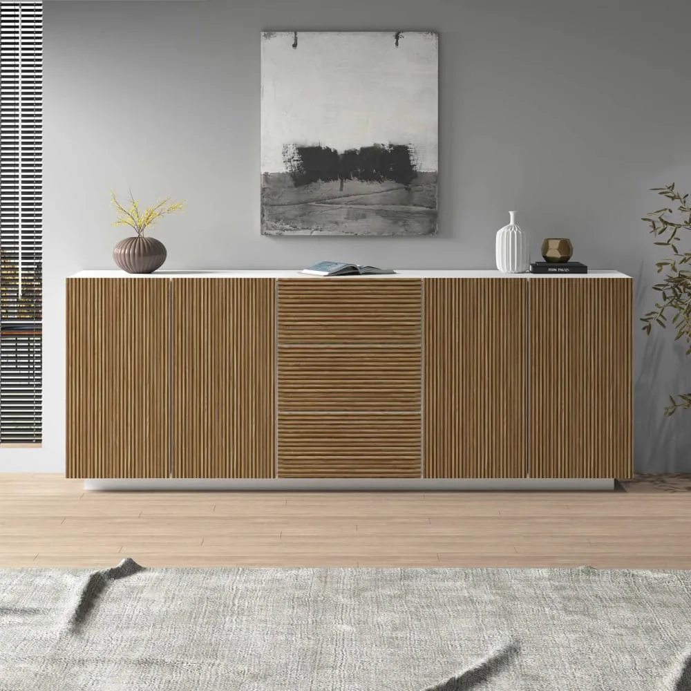 Illustration numéro 2 du produit Buffet 4 portes 220,1 cm effet bois cannelé blanc mat et bois clair