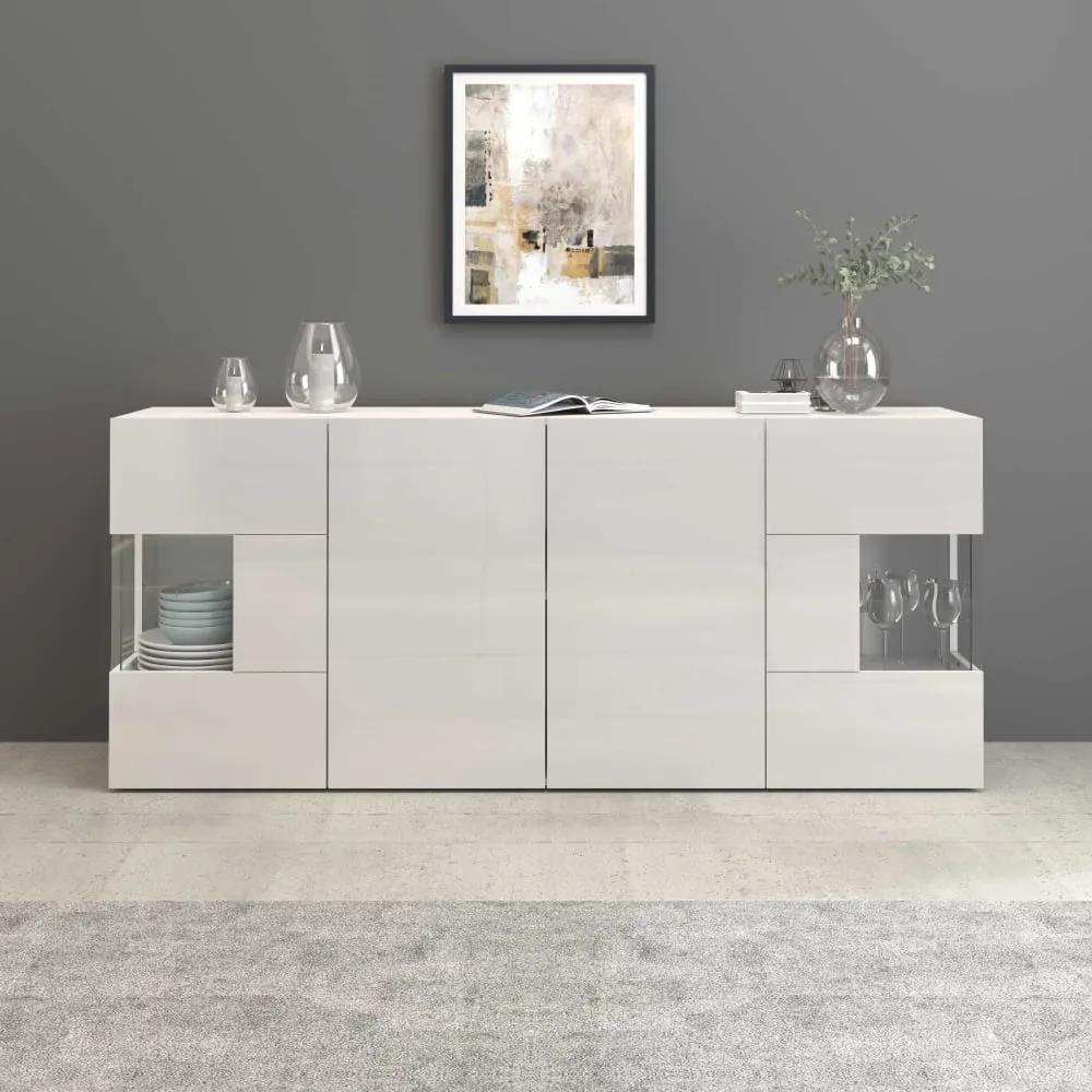 Illustration numéro 2 du produit Buffet vitrine 4 portes 180 cm effet bois blanc brillant