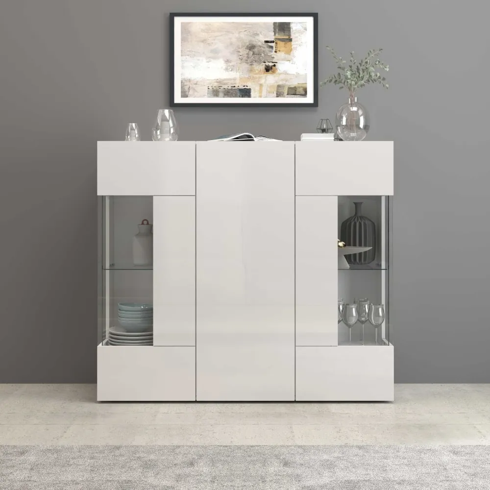 Illustration numéro 2 du produit Buffet vitrine 3 portes 135 cm effet bois blanc brillant