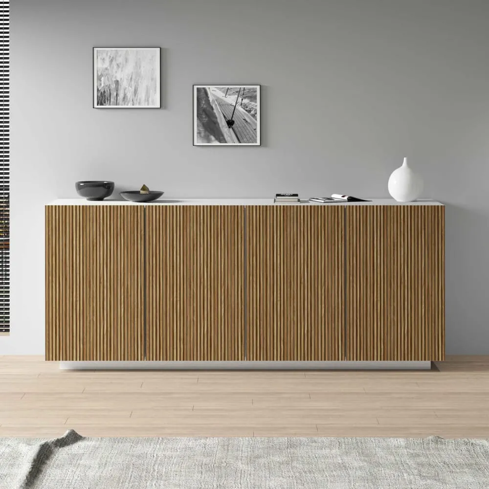 Illustration numéro 2 du produit Buffet 4 portes 200 cm effet bois cannelé blanc mat et bois clair
