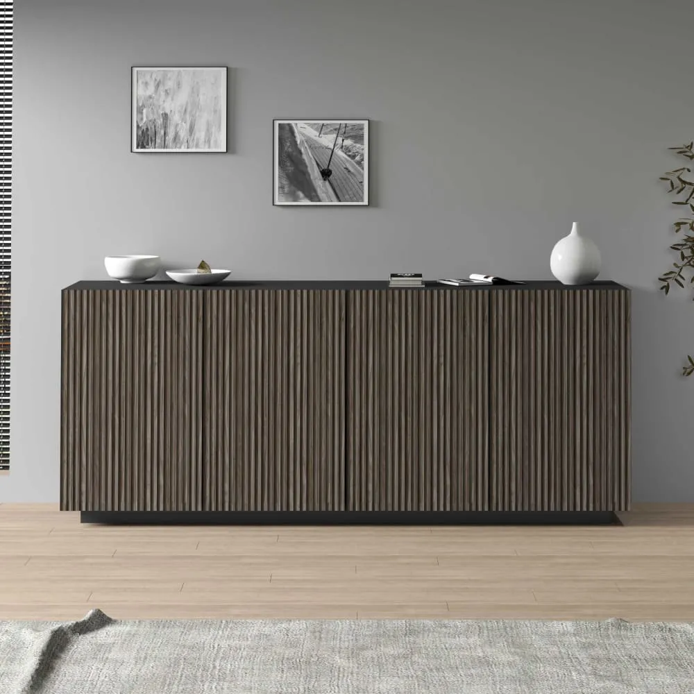 Illustration numéro 2 du produit Buffet 4 portes 200 cm effet bois cannelé anthracite mat et bois foncé