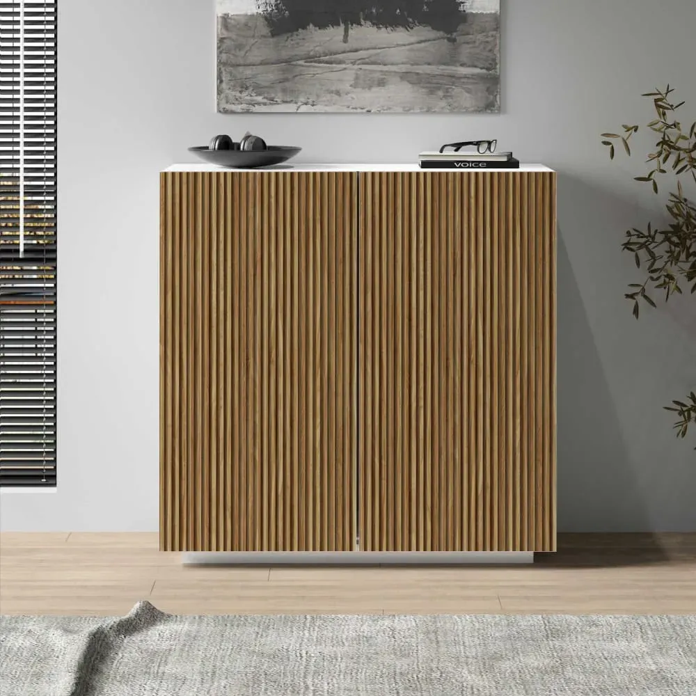 Illustration numéro 2 du produit Buffet 2 portes 120 cm effet bois cannelé blanc mat et bois clair