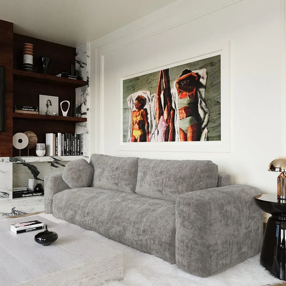 Illustration numéro 2 du produit Canapé convertible avec coffre 4 places en velours texturé gris béton