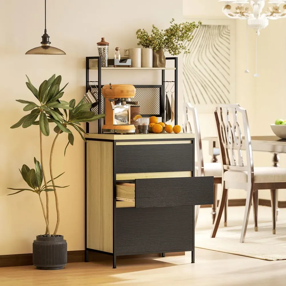 Illustration numéro 2 du produit Armoire de cuisine, 3 tiroirs, plan de travail et 4 crochets, naturel