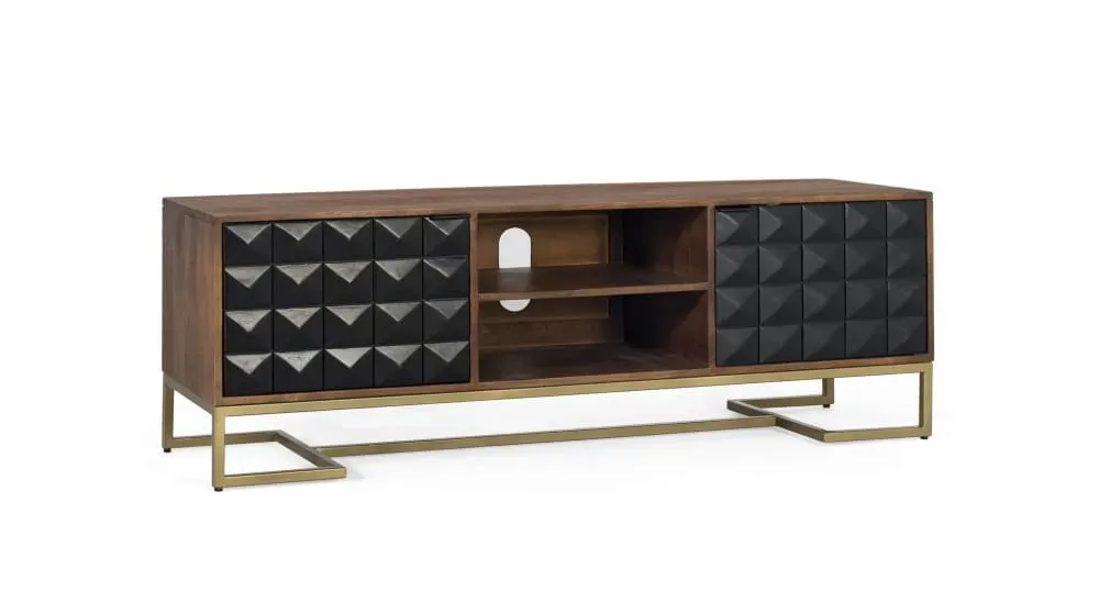 Illustration numéro 2 du produit Meuble TV fait main en bois de manguier avec pieds dorés 150 cm