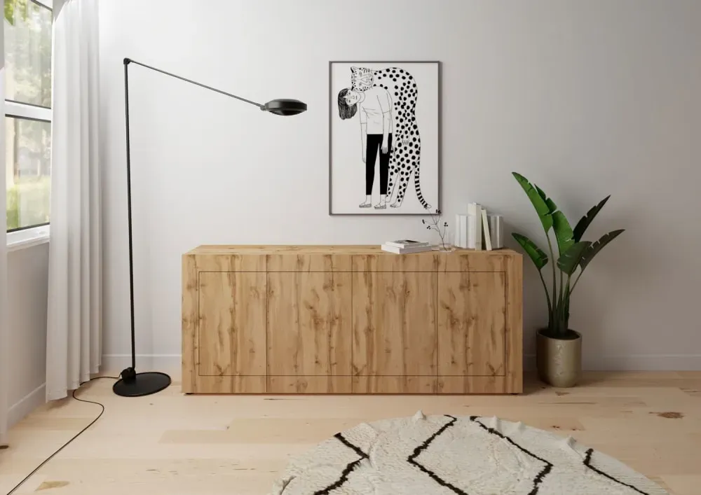 Illustration numéro 2 du produit Buffet 4 portes effet bois chêne nature 200x40x83,5 cm