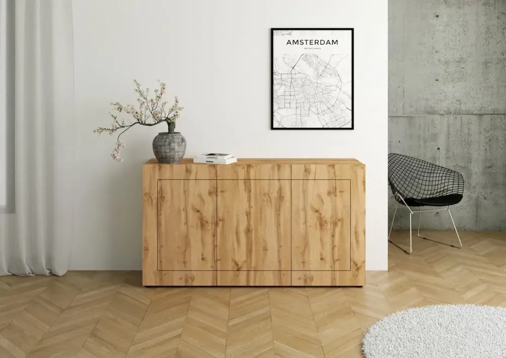 Illustration numéro 2 du produit Buffet 3 portes effet bois chêne nature 150x40x83,5 cm