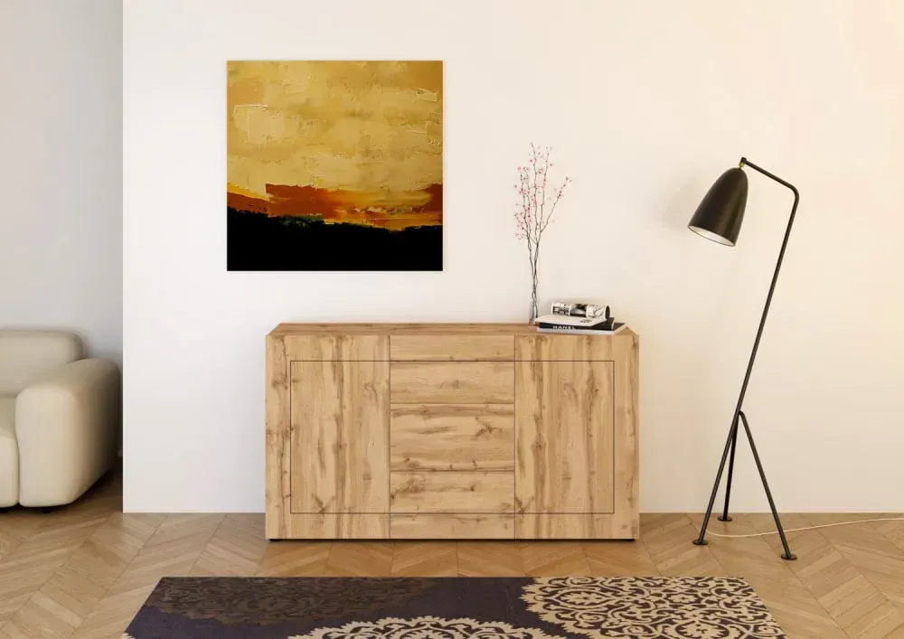 Illustration numéro 2 du produit Buffet 2 portes/3 tiroirs effet bois chêne nature 150x40x83,5 cm