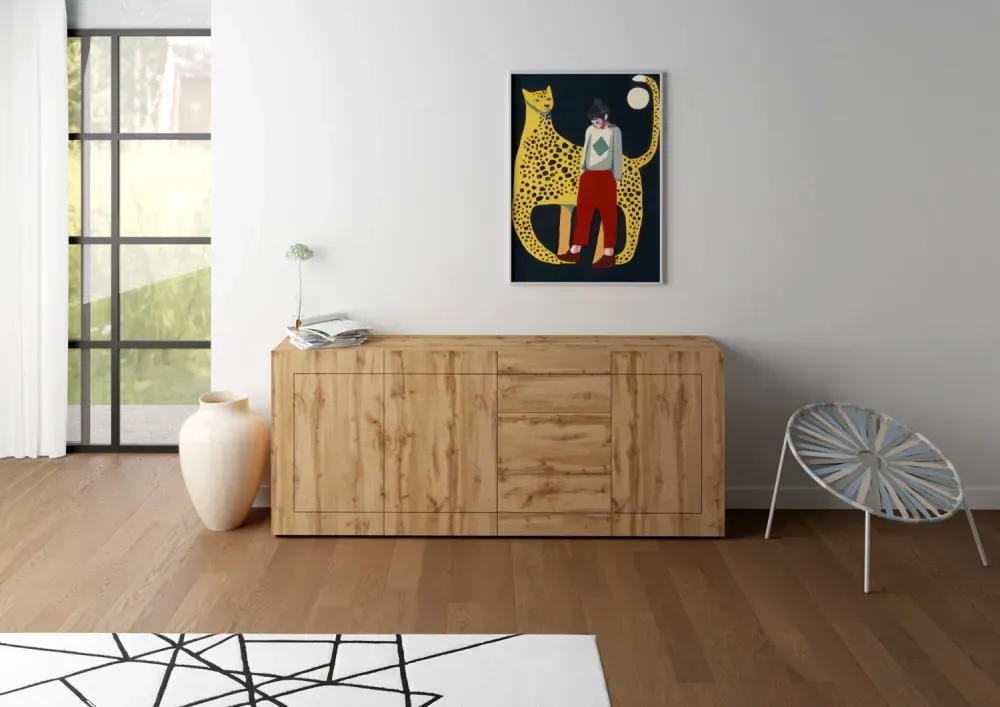 Illustration numéro 2 du produit Buffet 3 portes/3 tiroirs effet bois chêne nature 200x40x83,5 cm