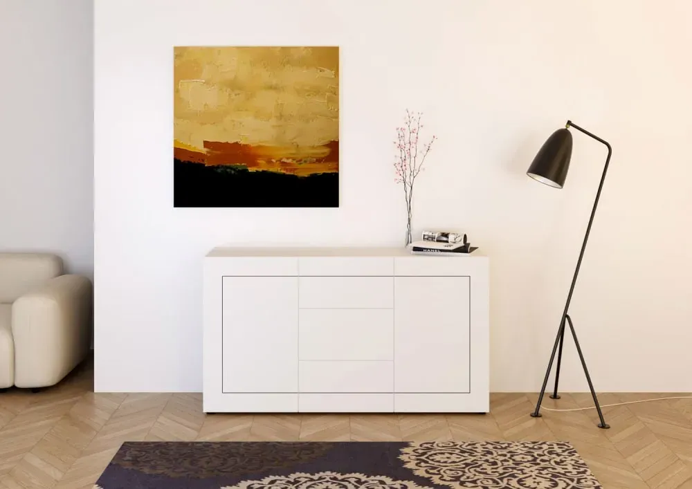 Illustration numéro 2 du produit Buffet 2 portes/3 tiroirs effet bois blanc brillant 150x40x83,5 cm