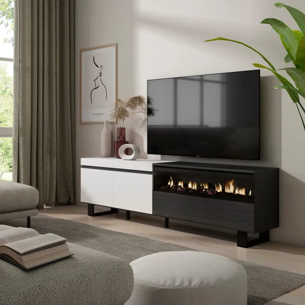 Illustration numéro 2 du produit Meuble tv effet bois blanc et noir 200x35x57cm cheminée effet feu