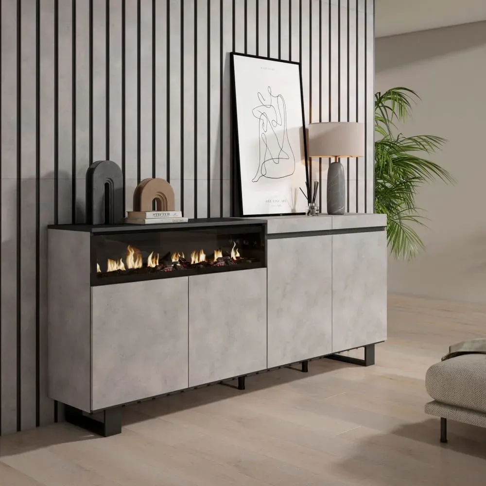 Illustration numéro 2 du produit Buffet effet bois ciment 200x35x87cm cheminée effet feu