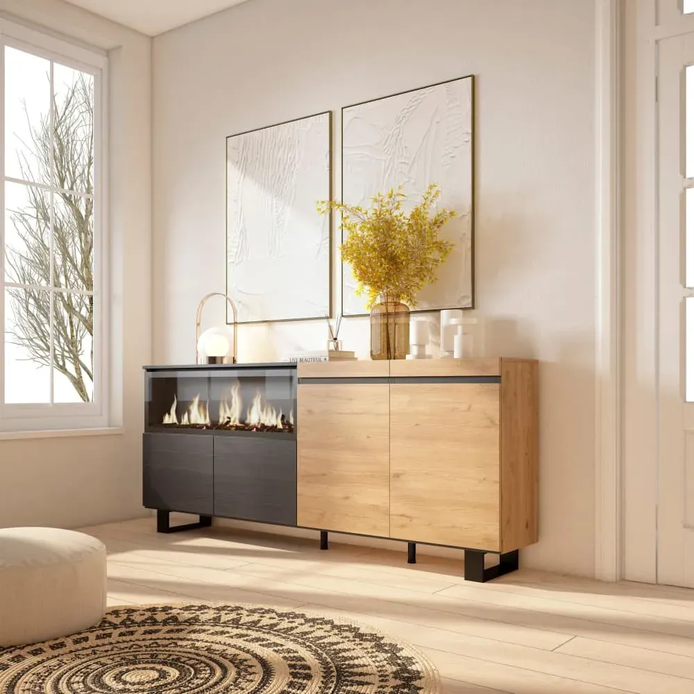 Illustration numéro 2 du produit Buffet effet bois chêne et noir 208x35x87cm cheminée effet feu XXL