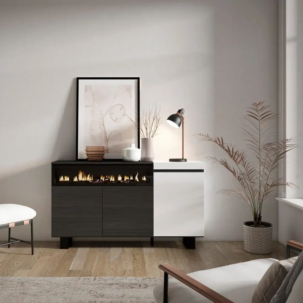 Illustration numéro 2 du produit Buffet effet bois blanc et noir 150x35x87cm cheminée effet feu