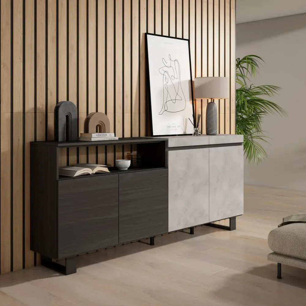 Illustration numéro 2 du produit Buffet effet bois ciment 200x35x87cm avec pieds