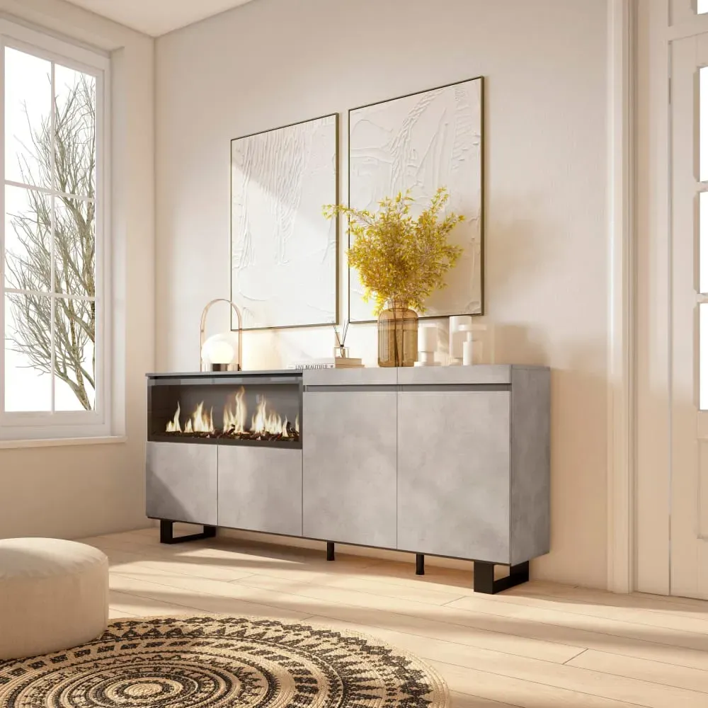 Illustration numéro 2 du produit Buffet effet bois ciment 208x35x87cm cheminée effet feu XXL